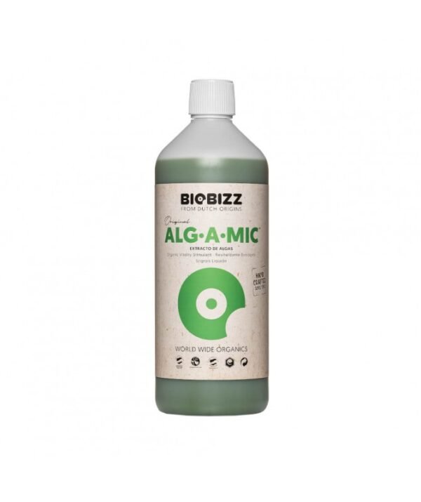 Botella de Alg·A·Mic Biobizz, revitalizante orgánico de algas marinas para mejorar la salud y color de las plantas.