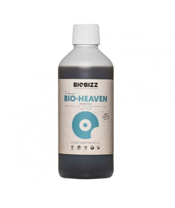 Botella de Bio Heaven Biobizz, potenciador orgánico de energía y crecimiento vegetal con aminoácidos naturales.
