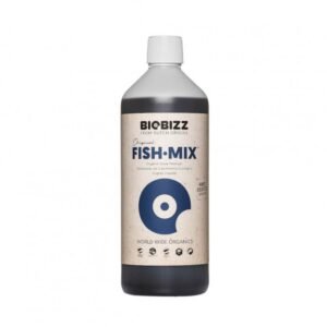Botella de Fish Mix Biobizz, fertilizante orgánico líquido para crecimiento vegetal y mejora del suelo.