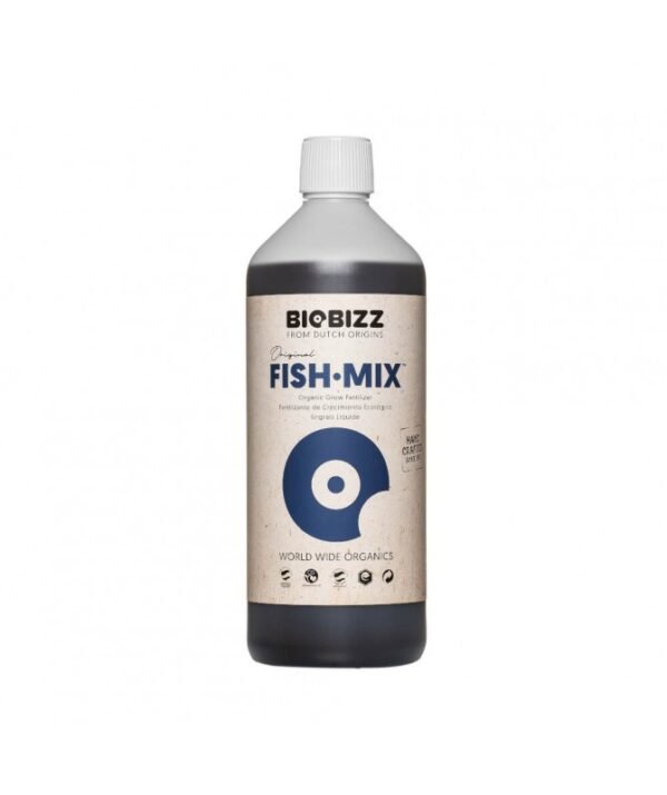Botella de Fish Mix Biobizz, fertilizante orgánico líquido para crecimiento vegetal y mejora del suelo.