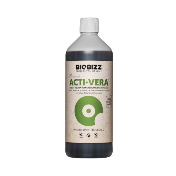 Botella de Biobizz Acti·Vera, activador botánico orgánico con aloe vera que refuerza el sistema inmunitario de las plantas.