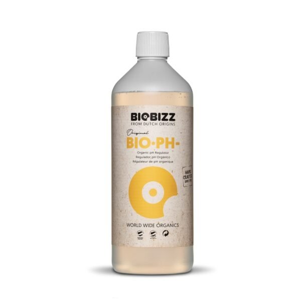 Botella de Biobizz Bio·Down, corrector de pH orgánico para ajustar el pH del sustrato sin dañar los microorganismos.