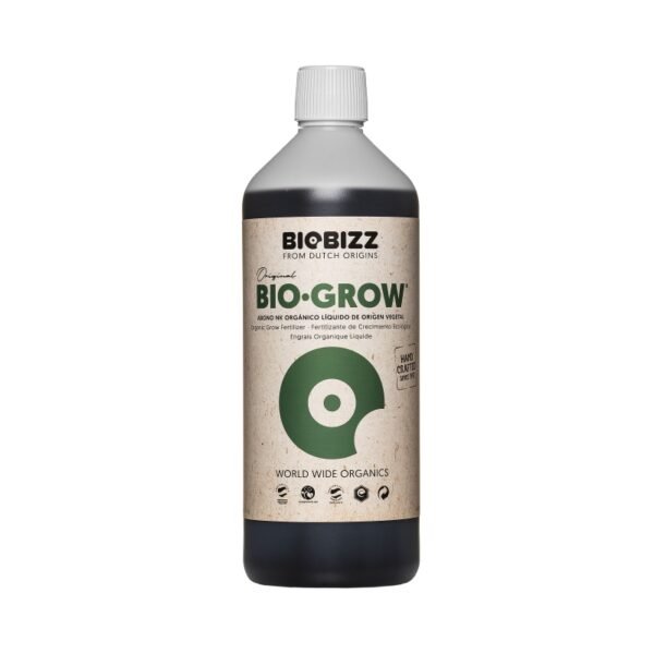 Botella de Biobizz Bio·Grow, fertilizante orgánico líquido para el crecimiento natural y saludable de las plantas.