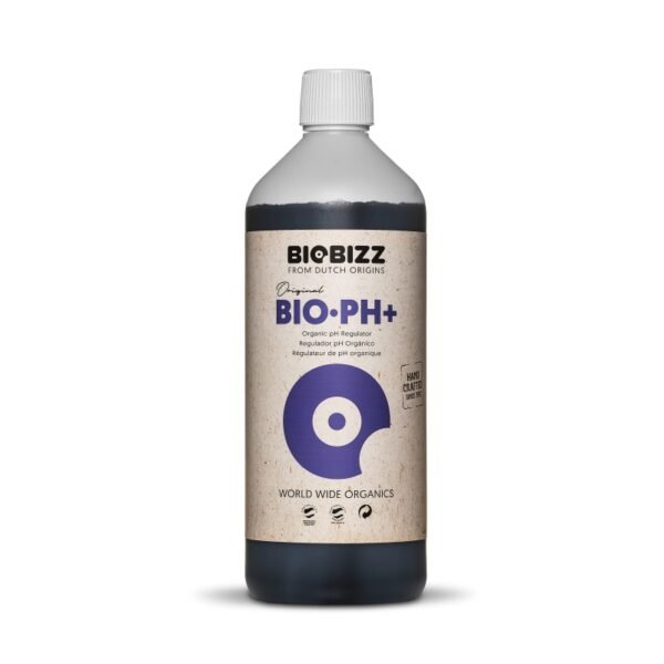 Botella de Biobizz Bio·Up, regulador de pH orgánico para ajustar el pH del agua sin dañar microorganismos del sustrato.