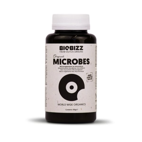 Envase de Biobizz Original Microbes 150g, mezcla de microorganismos y hongos beneficiosos para estimular raíces y floración.