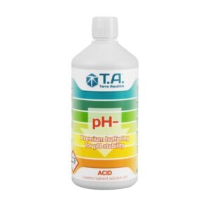 Botella de pH Down Terra Aquatica, regulador líquido para bajar y estabilizar el pH del agua con tampones biológicos.