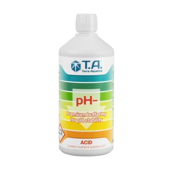 Botella de pH Down Terra Aquatica, regulador líquido para bajar y estabilizar el pH del agua con tampones biológicos.