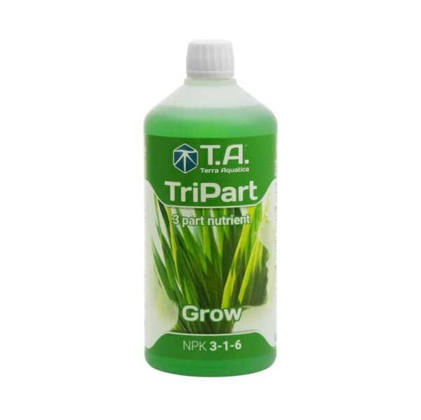 Botella de Tripart Grow Terra Aquatica, fertilizante base líquido para la fase de crecimiento de las plantas.
