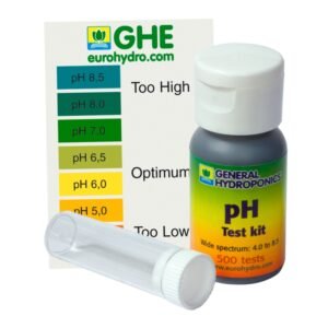 Kit de medición de pH Terra Aquatica con tubo de muestra, líquido reactivo y tabla de colores para controlar el pH de cultivos.