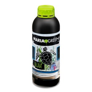 Botella de Maria Green Algax, bioestimulante natural con extracto de algas y micronutrientes para estimular el crecimiento y reducir el estrés vegetal.