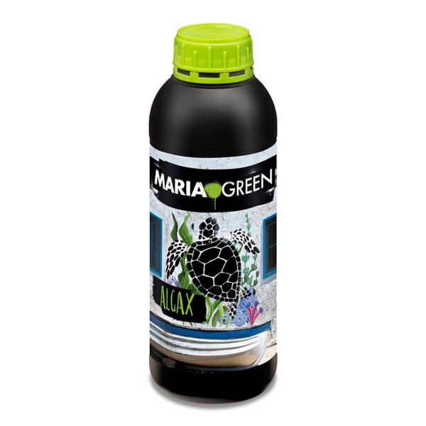 Botella de Maria Green Algax, bioestimulante natural con extracto de algas y micronutrientes para estimular el crecimiento y reducir el estrés vegetal.