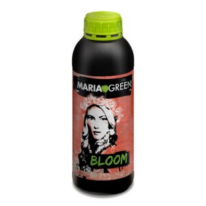 Botella de Maria Green Bloom, fertilizante líquido para estimular la floración abundante y prolongada de las plantas.