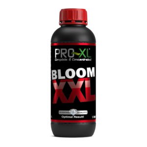 Botella de BLOOM XXL PRO-XL, abono de floración NPK 0-15-16 con fósforo y potasio para flores grandes y resistentes.