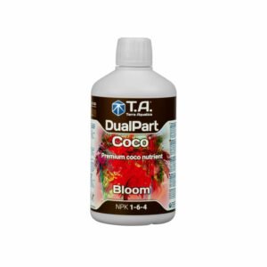 Botella de DualPart Coco Bloom Terra Aquatica, fertilizante líquido diseñado para potenciar la floración en cultivos de coco con calcio, magnesio y fósforo.