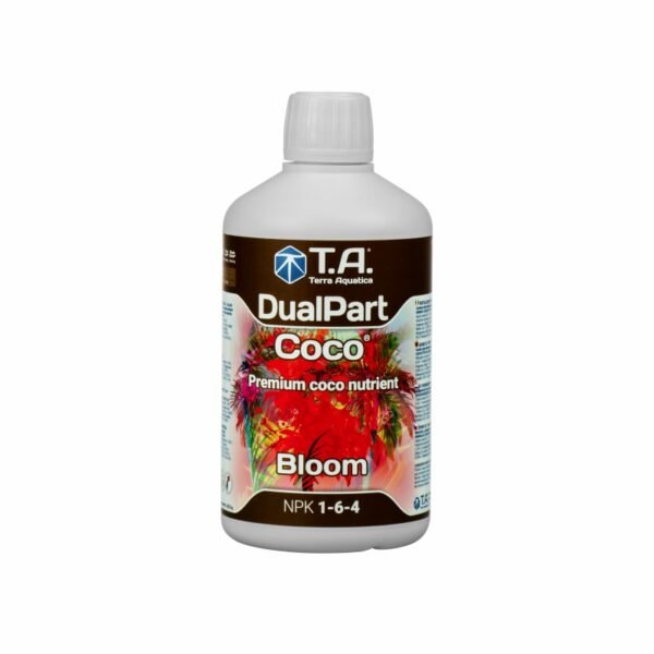 Botella de DualPart Coco Bloom Terra Aquatica, fertilizante líquido diseñado para potenciar la floración en cultivos de coco con calcio, magnesio y fósforo.