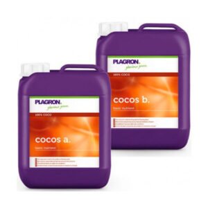 Botellas de Cocos A+B Plagron, fertilizante base biomineral para cultivo en coco, ideal para crecimiento y floración.