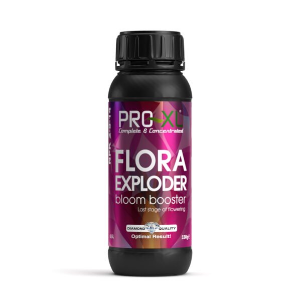 Botella de Flora Exploder PRO-XL, estimulador de floración NPK 2-5-14 con nanopartículas de plata para flores grandes y resistentes.