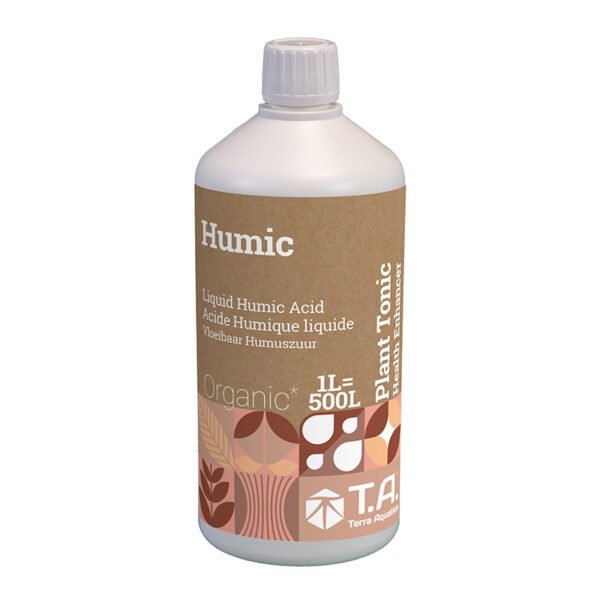 Botella de Humic Terra Aquatica, lignohumatos ecológicos de alta pureza elaborados a partir de madera reciclada para mejorar la estructura del suelo y la absorción de nutrientes.