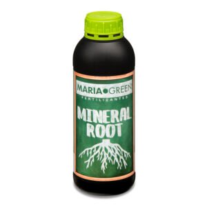 Botella de Maria Green Mineral Roots, enraizante mineral con extracto de algas y NPK para el desarrollo radicular de plantas.