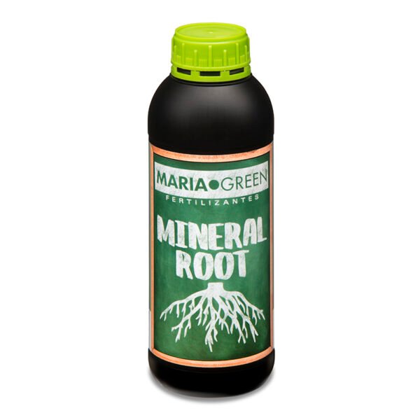 Botella de Maria Green Mineral Roots, enraizante mineral con extracto de algas y NPK para el desarrollo radicular de plantas.