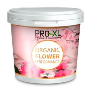 Botella de Organic Flower Performance PRO-XL, estimulador floral orgánico con ácido algínico y aminoácidos que mejora la floración y resistencia de las plantas.