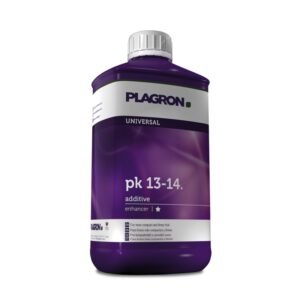 Botella de PK 13-14 Plagron, fertilizante líquido de fósforo y potasio para floración intensa.