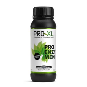 Botella de PRO ENZYMEN PRO-XL, complejo de enzimas para mejorar la absorción de nutrientes y proteger las raíces en cultivos hidropónicos.