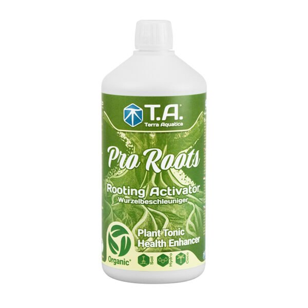 Botella de Pro Roots Terra Aquatica, estimulador radicular concentrado para fortalecer raíces y mejorar el crecimiento vegetal.