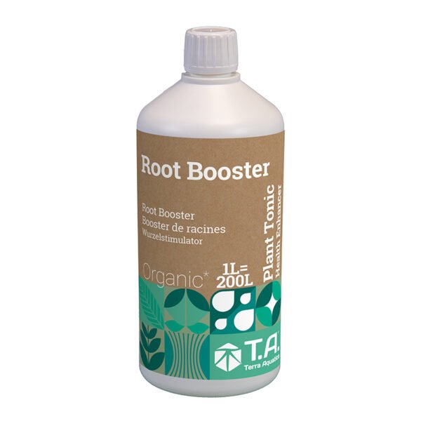 Botella de Root Booster Terra Aquatica, estimulador natural de raíces con vitaminas, enzimas y ácidos húmicos para plántulas y esquejes.
