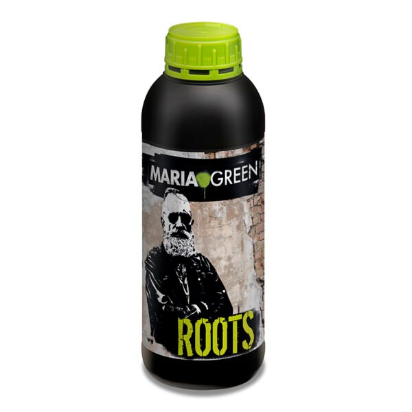 Botella de Maria Green Roots, bioestimulante radicular con aminoácidos y micronutrientes para el desarrollo de raíces fuertes y sanas.