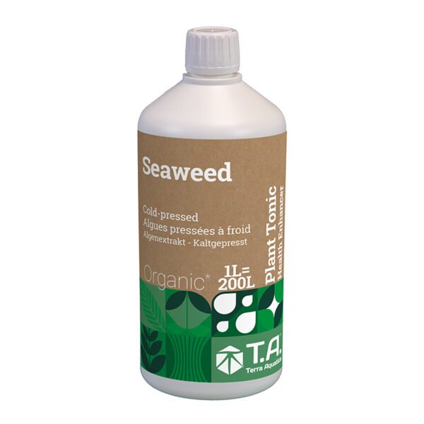 Botella de SeaWeed Terra Aquatica, bioestimulante natural de algas marinas que potencia el crecimiento, raíces y floración en todo tipo de cultivos.