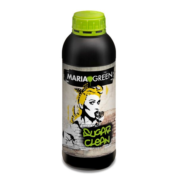 Botella de Maria Green Sugar Clean, limpiador de raíces y sustratos para eliminar sales y residuos en la fase final del cultivo.