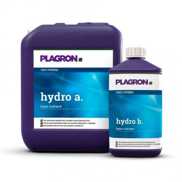 Hydro A+B Plagron fertilizante mineral completo para crecimiento y floración en sistemas hidropónicos y sustratos inertes.